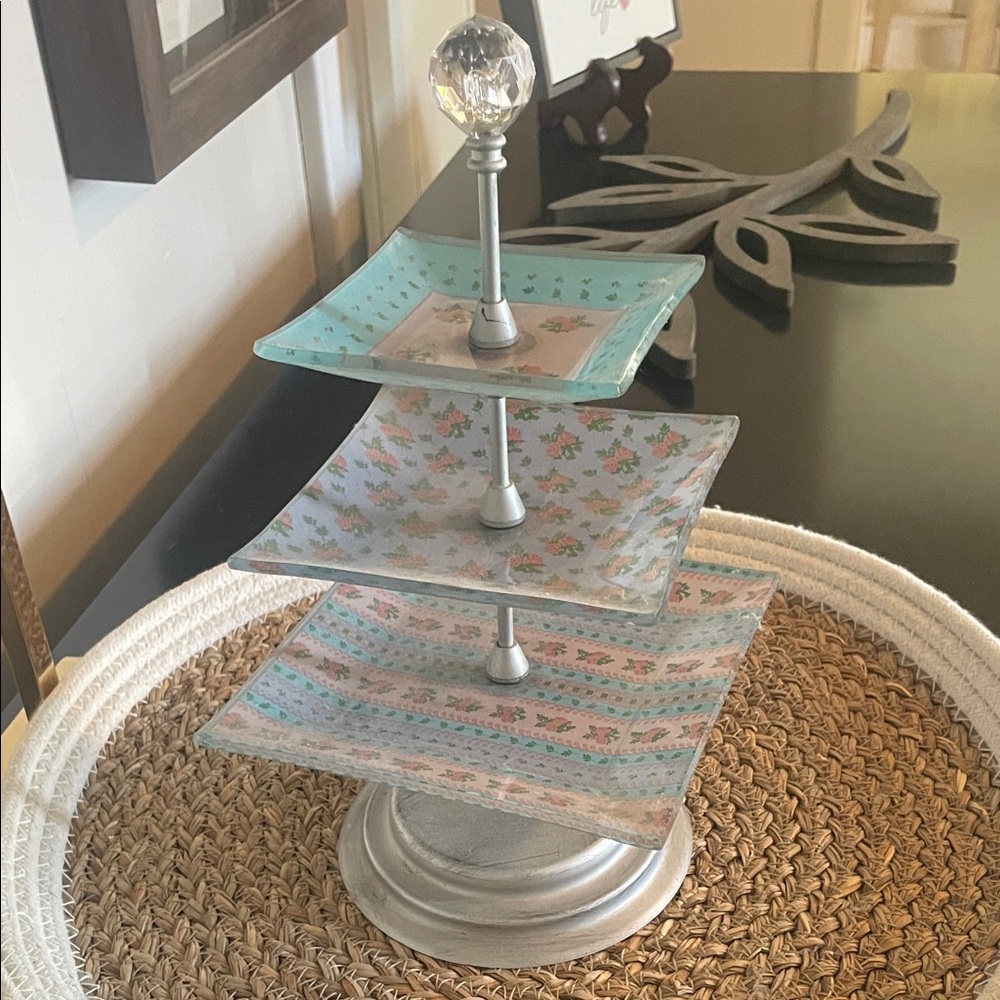 Three-Tiered Decorative Tray with Floral Patterns